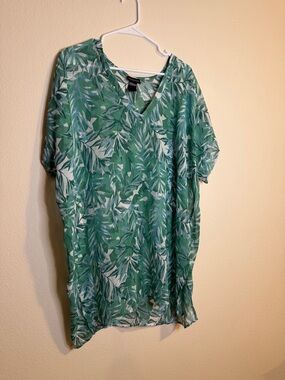 Cove Green and White Leaf-Print V-Neck Coverup